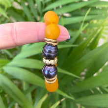 Load image into Gallery viewer, Black Pearl Bracelet, Tangerine African Tribal Recycled Glass