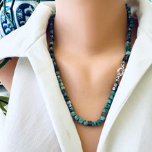Load image into Gallery viewer, Emerald Pyrite Candy Necklace displayed on mannequin, featuring vibrant emerald cube-cut gemstones and pyrite accents.