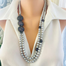 Load image into Gallery viewer, Front view of Grey Pearl Necklace featuring layered freshwater pearls with gunmetal and CZ details.