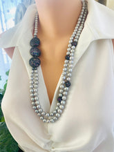 Load image into Gallery viewer, Grey Pearl Necklace with double strands of freshwater pearls shown in side view on mannequin.