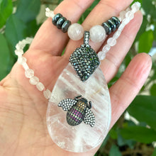 Load image into Gallery viewer, Rose Quartz Necklace & Rhinestones Pave Bee Pendant