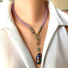 Load image into Gallery viewer, Amethyst Pearl Necklace with lavender amethyst beads and black baroque pearl pendant displayed on mannequin.