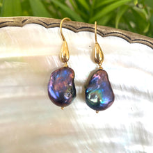 Load image into Gallery viewer, Baroque pearl drop earrings in black peacock hues with gold vermeil hooks on white pearl background