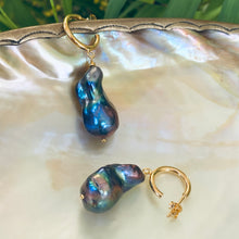 Load image into Gallery viewer, Baroque pearl hoop earrings highlighting iridescent peacock luster and gold vermeil hoops