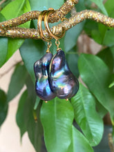 Load image into Gallery viewer, Baroque pearl hoop earrings in black peacock hues with gold vermeil hoops against green leaf background