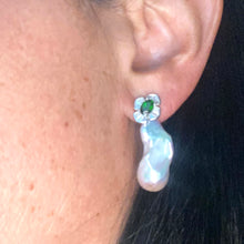 Load image into Gallery viewer, Green diopside baroque pearl drop earrings worn on woman’s ear — handcrafted gemstone and pearl jewelry by Loulia Pearl Jewelry