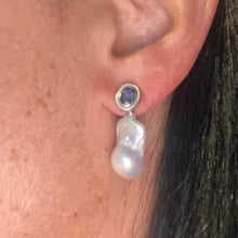 Load image into Gallery viewer, Iolite baroque pearl drop earrings worn on woman’s ear — handcrafted gemstone and pearl jewelry by Loulia Pearl Jewelry