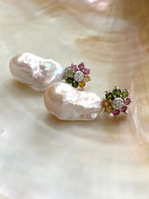 Load image into Gallery viewer, Handmade tourmaline pearl earrings with colorful gemstone flower studs and baroque pearls on white background