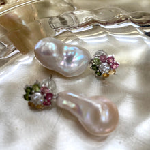 Load image into Gallery viewer, Tourmaline pearl earrings with multicolor gemstones and white baroque drops on pearl background