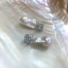 Load image into Gallery viewer, Handcrafted blue topaz pearl earrings with baroque pearls on shell background