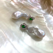 Load image into Gallery viewer, Close-up of green diopside baroque pearl drop earrings on white pearl shell background — elegant gemstone jewelry by Loulia Pearl Jewelry