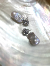 Load image into Gallery viewer, Elegant moissanite and baroque pearl earrings close-up, diamond-like sparkle and organic pearls.