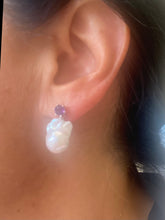 Load image into Gallery viewer, Woman wearing Baroque pearl drop earrings with amethyst gemstone studs