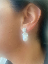 Load image into Gallery viewer, Moissanite and baroque pearl earrings worn by woman, side view showing removable drop design.