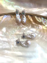 Load image into Gallery viewer, Emerald stud earrings and sapphire stud earrings with pearl drops on pearl shell