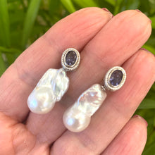 Load image into Gallery viewer, Handcrafted iolite baroque pearl drop earrings held in hand — detailed close-up of gemstone studs with removable pearls by Loulia Pearl Jewelry