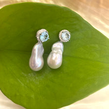 Load image into Gallery viewer, Blue topaz pearl drop earrings with removable baroque pearls against green leaf