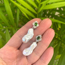 Load image into Gallery viewer, Green diopside baroque pearl drop earrings held in hand against green leaves — handcrafted gemstone jewelry by Loulia Pearl Jewelry