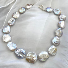 Load image into Gallery viewer, Detail of large coin pearl necklace pearls on white background, handmade jewelry