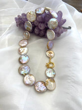 Load image into Gallery viewer, Large coin pearl necklace close up on white background showing pearl texture