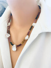 Load image into Gallery viewer, Elegant multi tourmaline and keshi pearl necklace displayed on mannequin, handmade in Canada.