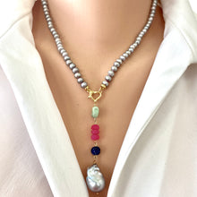Load image into Gallery viewer, Grey Pearl Necklace, Chalcedony, Chrysoprase, & Lapis Removable Pendant