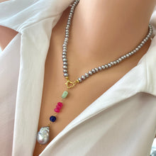 Load image into Gallery viewer, Grey Pearl Necklace, Chalcedony, Chrysoprase, & Lapis Removable Pendant