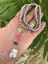 Load image into Gallery viewer, Grey Pearl Necklace, Chalcedony, Chrysoprase, & Lapis Removable Pendant