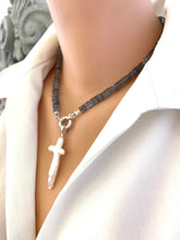 Load image into Gallery viewer, Baroque pearl cross pendant styled on alternative handmade necklace, elegant boho look.