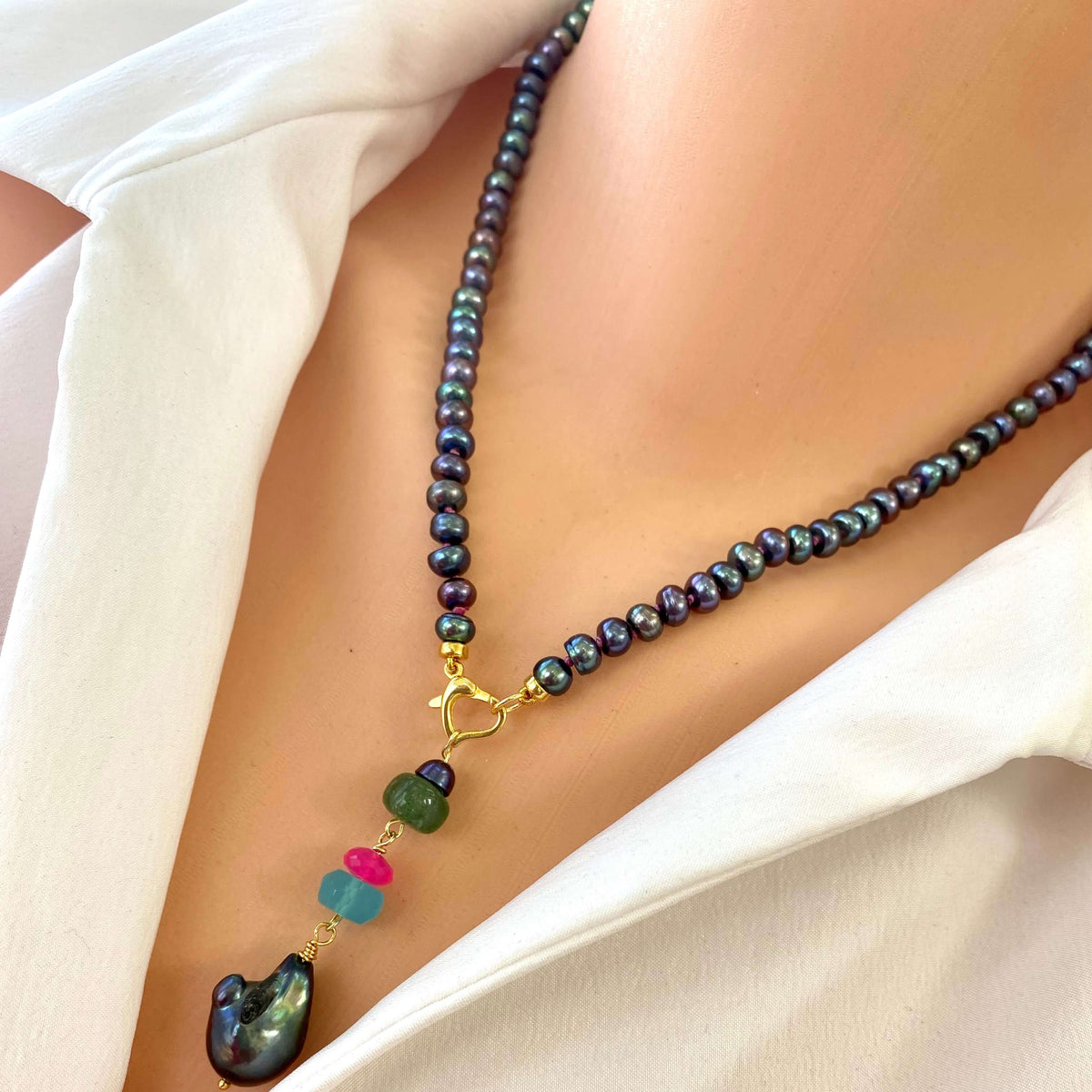 Black pearl necklace with chalcedony and chrysoprase featuring hot pink chalcedony and green chrysoprase