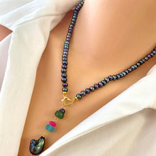Load image into Gallery viewer, Black Pearl Necklace, Hot Pink Chalcedony, & Chrysoprase Pendant