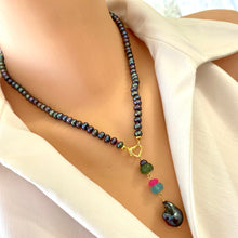Load image into Gallery viewer, Black Pearl Necklace, Hot Pink Chalcedony, & Chrysoprase Pendant