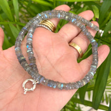 Load image into Gallery viewer, Labradorite aquamarine pendant necklace without pendant held in hand against leafy green background — handcrafted gemstone jewelry by Loulia Pearl Jewelry