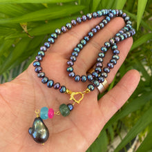 Load image into Gallery viewer, Black Pearl Necklace, Hot Pink Chalcedony, & Chrysoprase Pendant