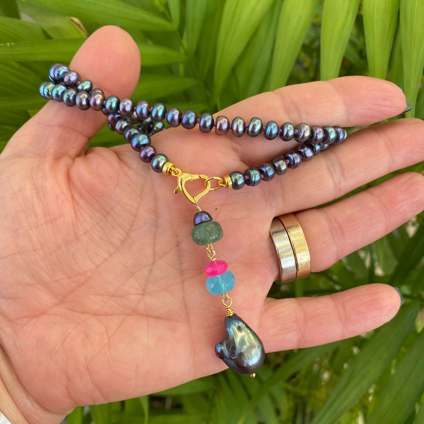 Black pearl necklace with chalcedony and chrysoprase handmade in Canada with peacock pearls