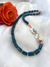 Load image into Gallery viewer, Blue apatite coral pearl necklace close-up on white background — handcrafted gemstone and baroque pearl jewelry by Loulia Pearl Jewelry