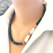 Load image into Gallery viewer, Side angle of blue apatite coral pearl necklace on mannequin — elegant handcrafted gemstone necklace with coral and pearl details