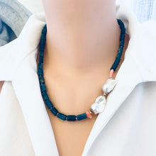 Load image into Gallery viewer, Blue apatite coral pearl necklace on mannequin front view — handcrafted gemstone jewelry featuring baroque pearls and coral accents by Loulia Pearl Jewelry