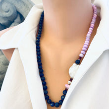Load image into Gallery viewer, Lapis lazuli and baroque pearl necklace with ruby accents, front view on mannequin, handmade in Canada.