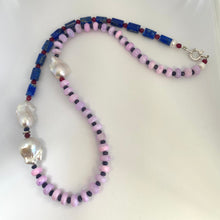 Load image into Gallery viewer, Close-up of lapis lazuli opal agate pearl necklace on white background — colorful gemstone and baroque pearl necklace handcrafted in Canada