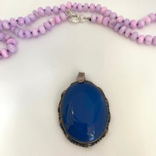 Load image into Gallery viewer, → Blue agate pendant close-up beside lavender opal necklace, natural gemstone jewelry handmade in Canada.