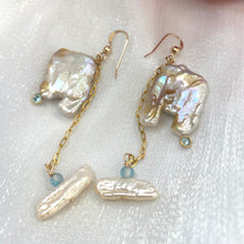 Load image into Gallery viewer, Close-up of boho pearl earrings gold filled on white background — square keshi pearls with blue topaz accents handcrafted in Canada