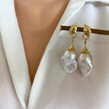 Load image into Gallery viewer, Close-up of leaf design pearl earrings with gold vermeil and baroque pearl drops, perfect botanical jewelry.