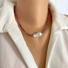 Load image into Gallery viewer, Pink Tourmaline Baroque Pearl Necklace showcased on a model, featuring pink tourmaline beads and a baroque pearl.