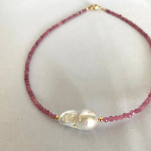 Load image into Gallery viewer, Pink Tourmaline Baroque Pearl Necklace with shimmering pink tourmaline beads and a unique baroque pearl centerpiece.