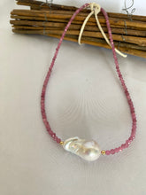 Load image into Gallery viewer, Pink Tourmaline Baroque Pearl Necklace | Handmade in Canada featuring pink tourmaline beads and a large baroque pearl.