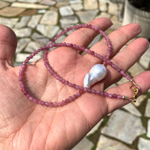 Load image into Gallery viewer, Pink Tourmaline Baroque Pearl Necklace | Handmade in Canada, featuring pink tourmaline beads and a baroque pearl.