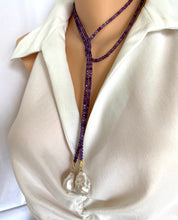 Load image into Gallery viewer, Single Strand of purple Amethyst & 2 Baroque Pearls Lariat Necklace, 48"inches