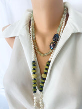 Load image into Gallery viewer, Prehnite and Black Baroque Pearl Necklace displayed on a mannequin, showcasing handcrafted elegance with gemologist details.