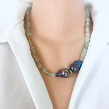 Load image into Gallery viewer, Prehnite and Black Baroque Pearl Necklace showcasing translucent green prehnite beads and bold baroque pearls.